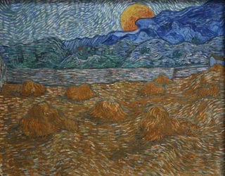 Landschaft mit Korngarben und aufgehender Mondsichel